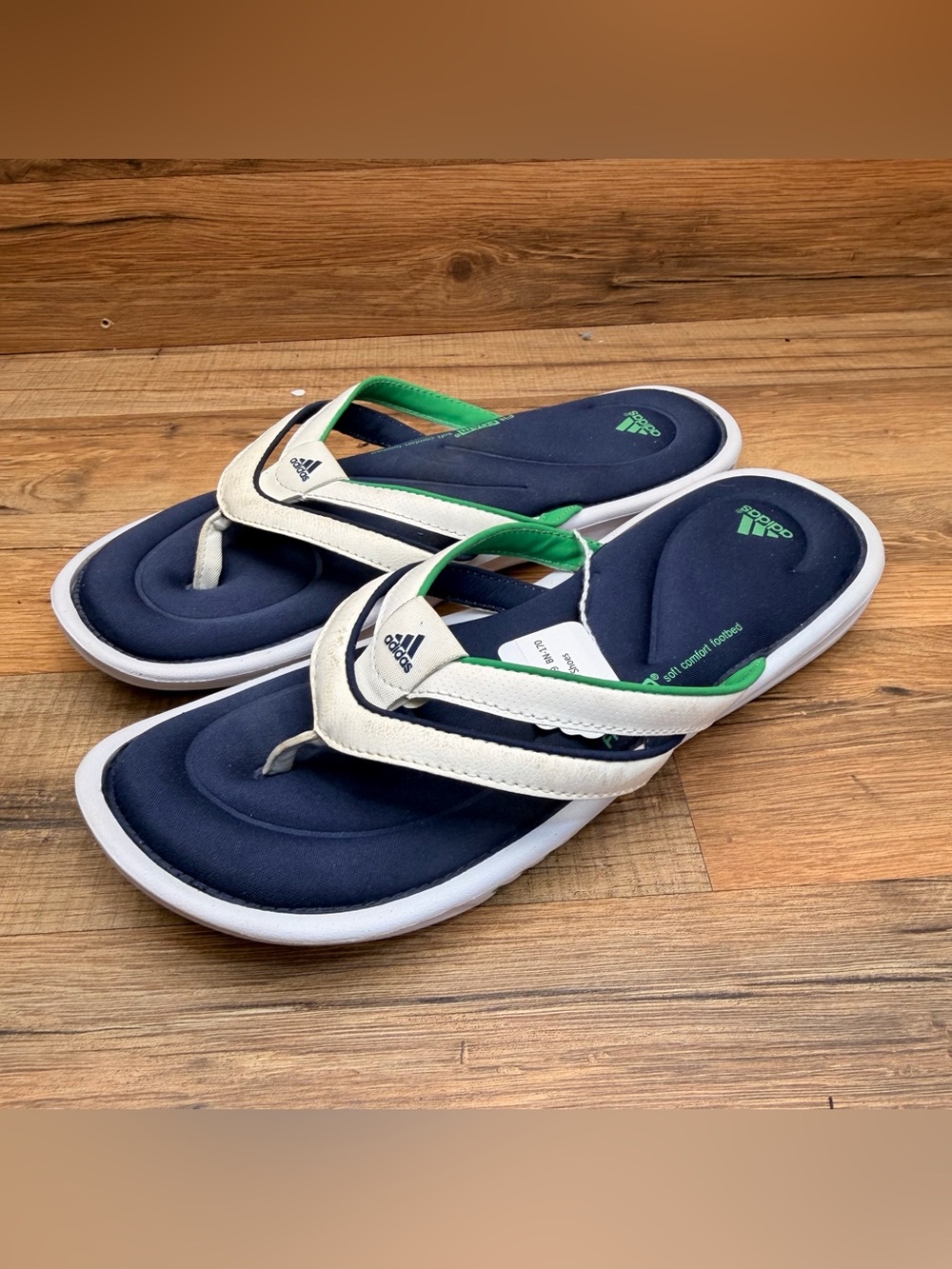 adidas Navy Size 9 White & Green Cushioned Flip-Flops
